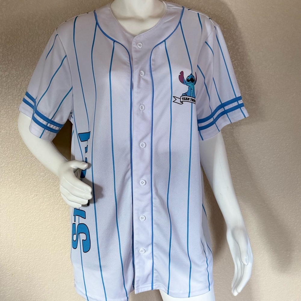 Disney Lilo & Stitch “Team Trouble” Baseball Jersey – White/Blue – Size Large